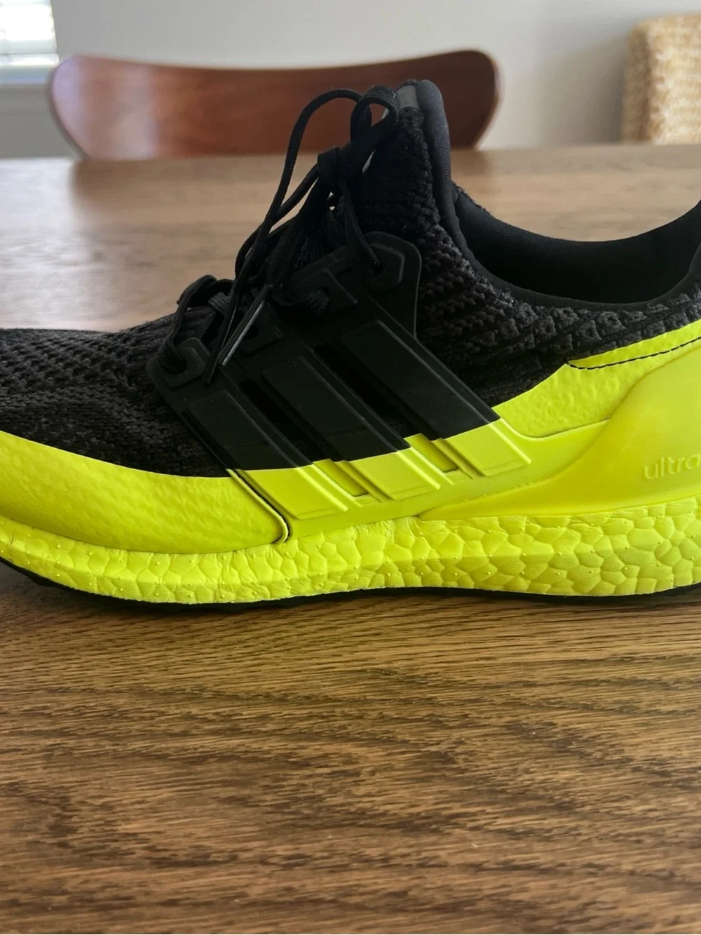 adidas Black Knit Running Shoe with Neon Yellow Midsole